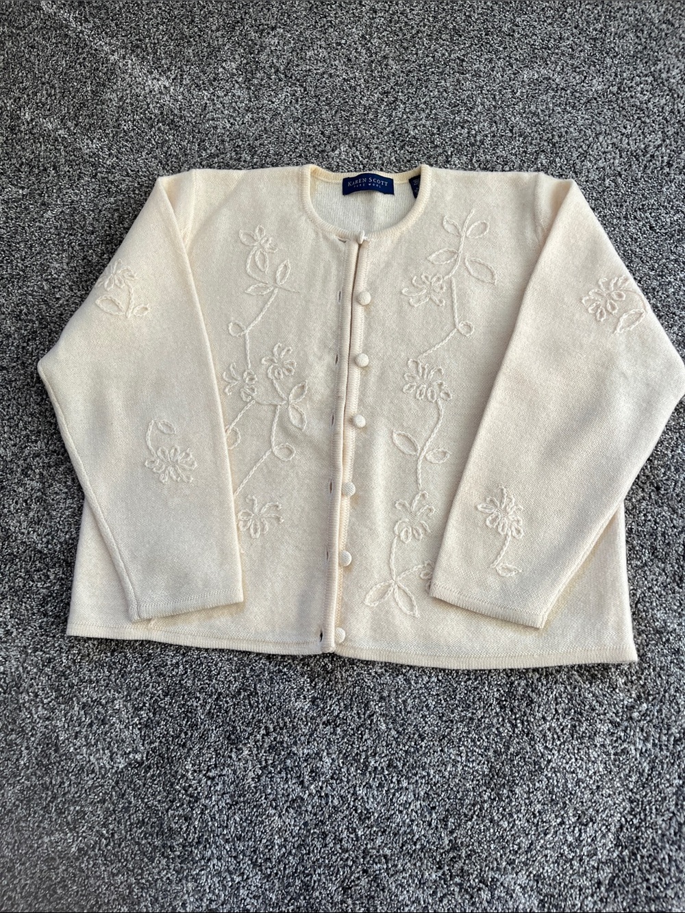 Karen Scott Cream Floral Embroidered Button-Front Cardigan